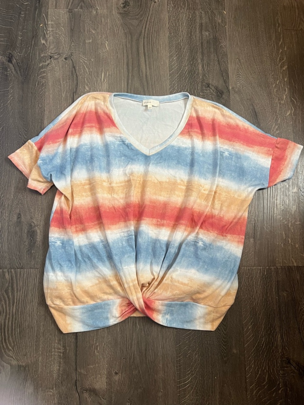 Perfect XL V-Neck Striped Tie-Front Top in Blue, Coral & Cream